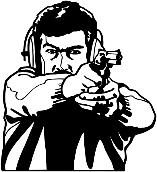 Man with ear covers aiming pistol vinyl sticker. Customize on line. Wars and Terrorism 097-0141